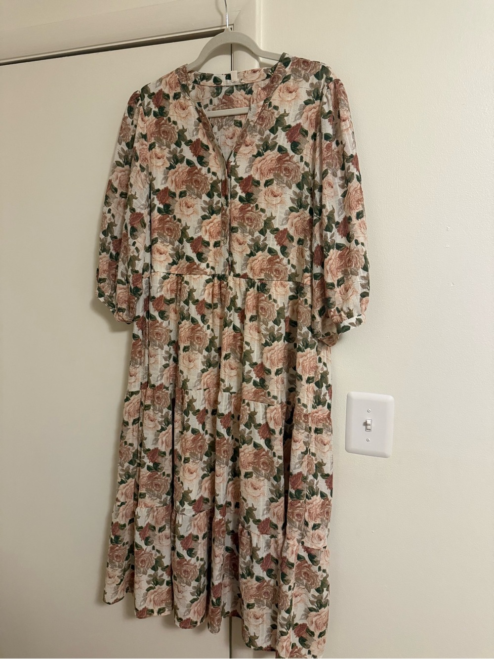 Blush Rose Floral Tiered Midi Dress with mid puff Sleeves (Cracker Barrel)